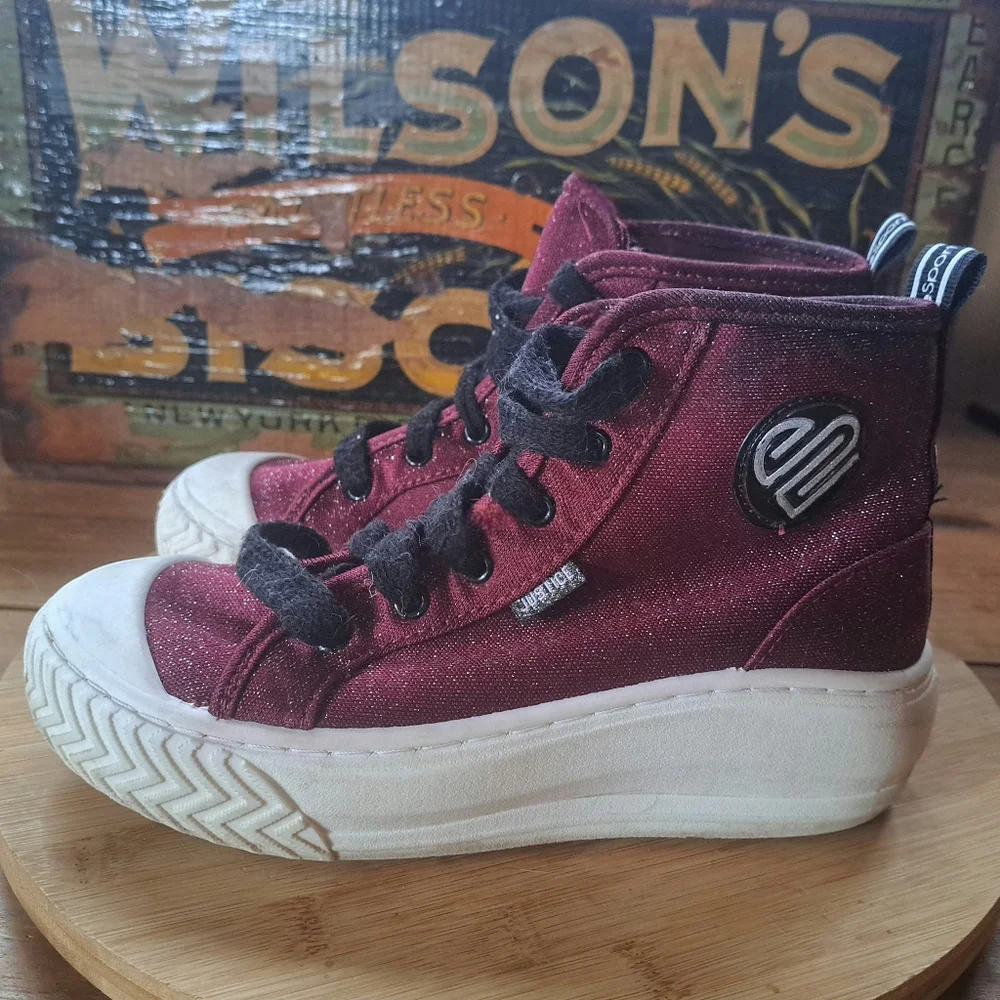Justice Kids High Top Sneakers Size 4 Burgundy Glitter Lug Sole Casual Shoes